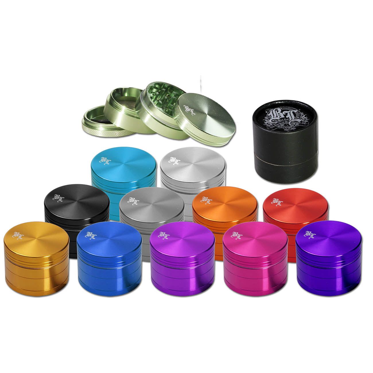 GRINDER IN ALLUMINIO BLACK LEAF 4PZ VARI COLORI @50mm CON SCATOLA REGALO