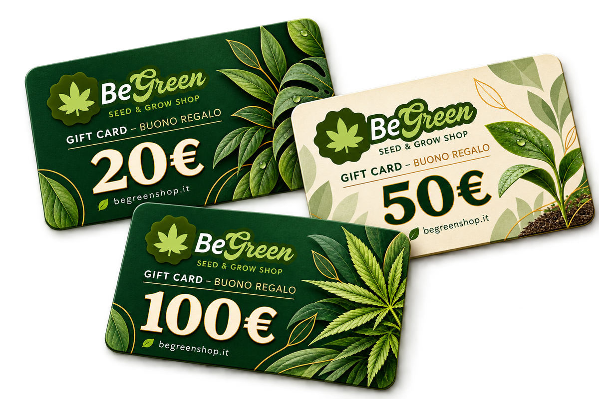 Gift card BeGreen nei tagli da 20, 50 e 100 euro per semi, grow box e accessori di coltivazione
